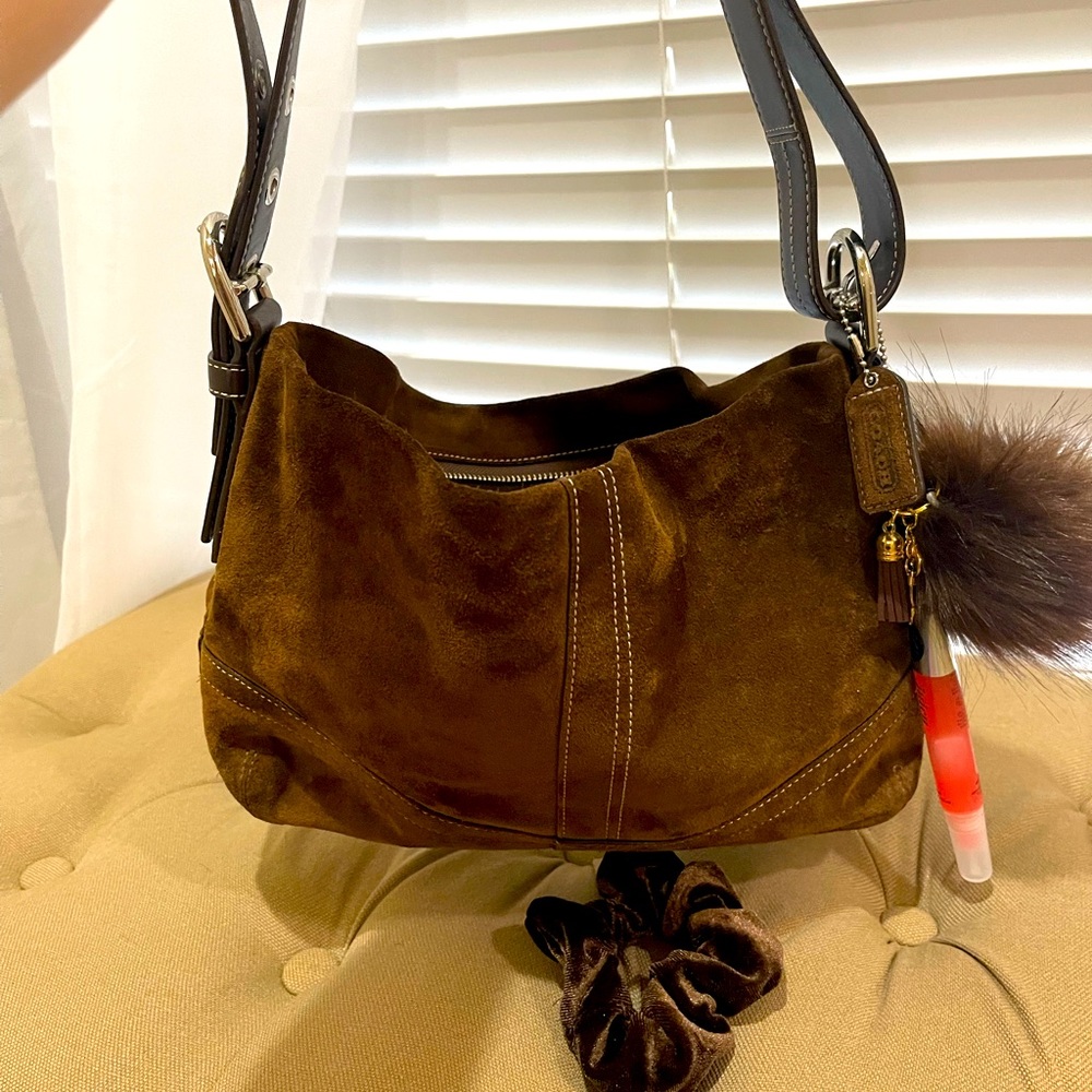 Coach Brown Suede Leather Purse Brand New Lipgloss, Hair Scrunchie and Keychain